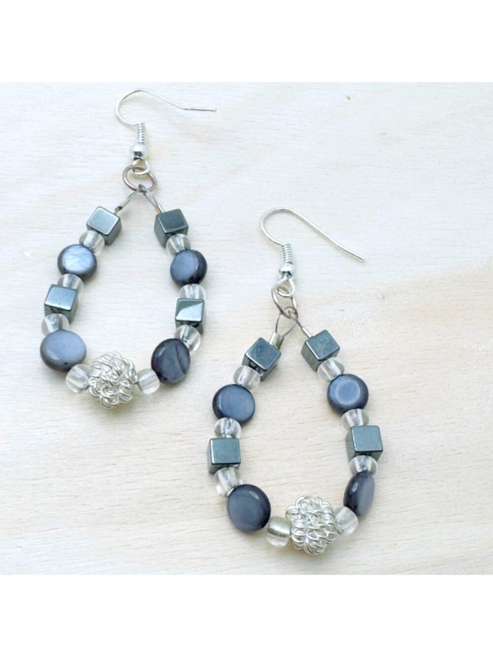 Beaded Drop Earrings Hematite & Silver Accents Handmade Jewelry 2"